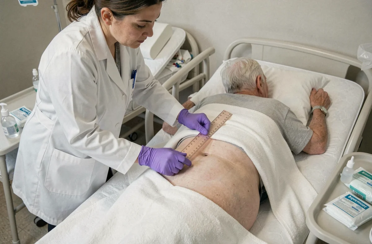 Soignante mesurant une lésion cutanée sur la zone fessière d'un patient en décubitus latéral à domicile