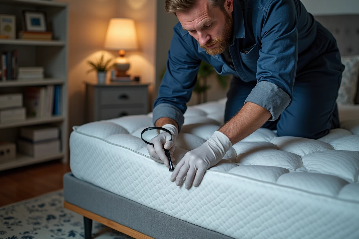Technicien en lutte antiparasitaire inspecte un matelas
