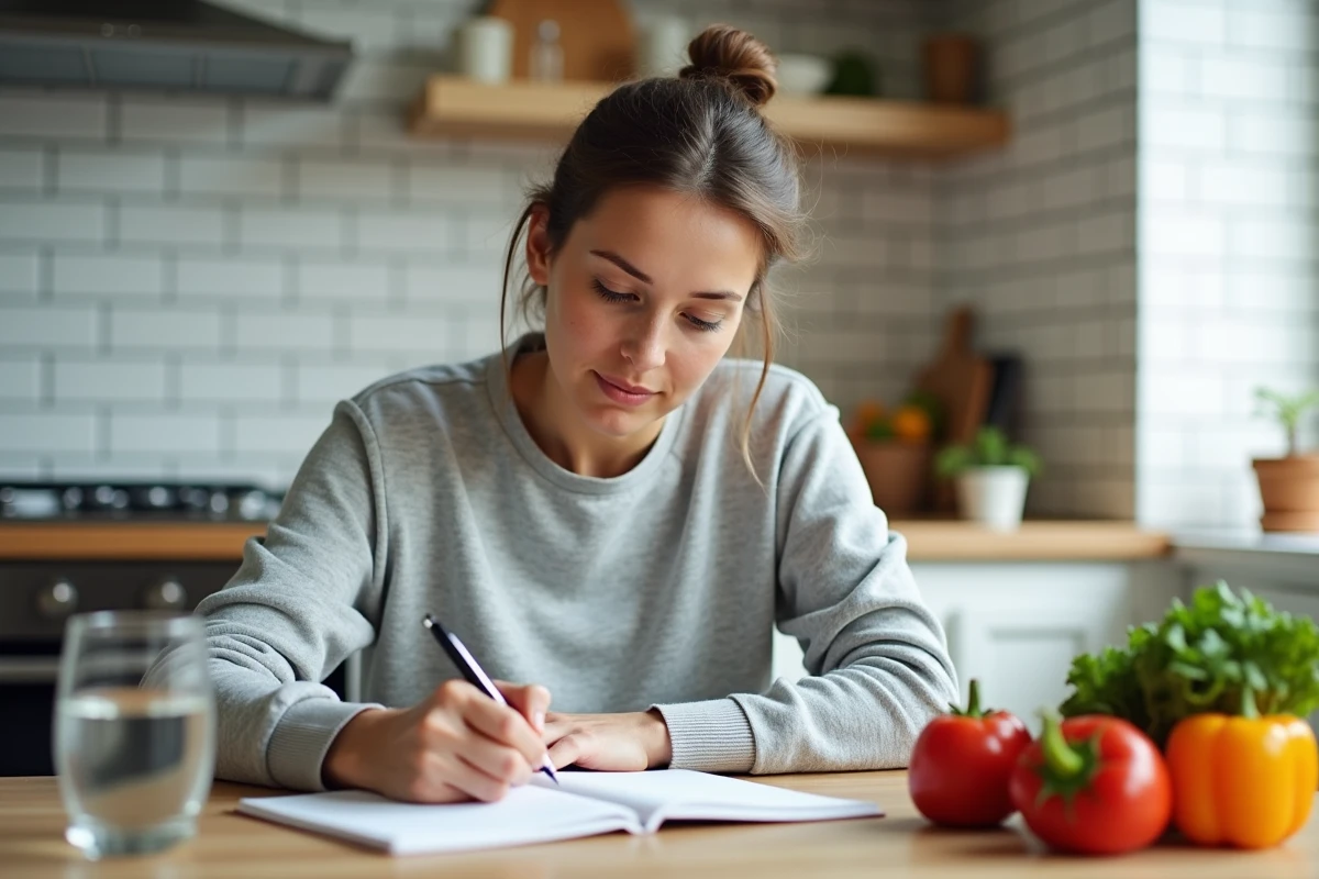 Femme suivant son programme minceur dans un journal alimentaire dans une cuisine moderne