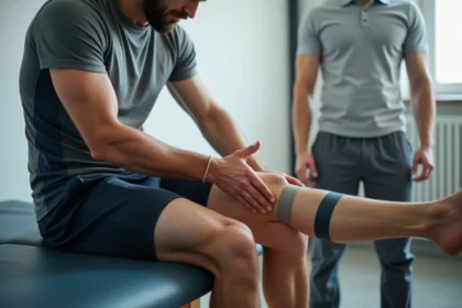 Physiothérapeute appliquant du taping kinésiologique sur le mollet d'un sportif en cabinet de rééducation