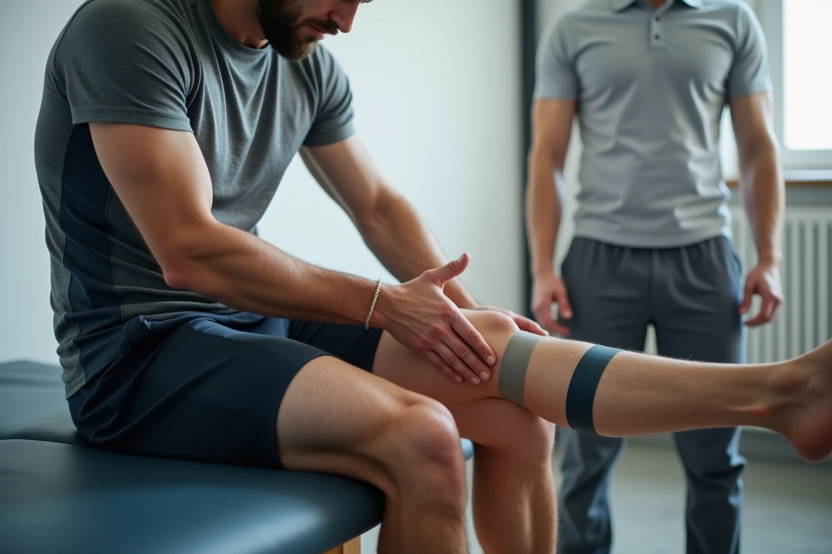 Physiothérapeute appliquant du taping kinésiologique sur le mollet d'un sportif en cabinet de rééducation
