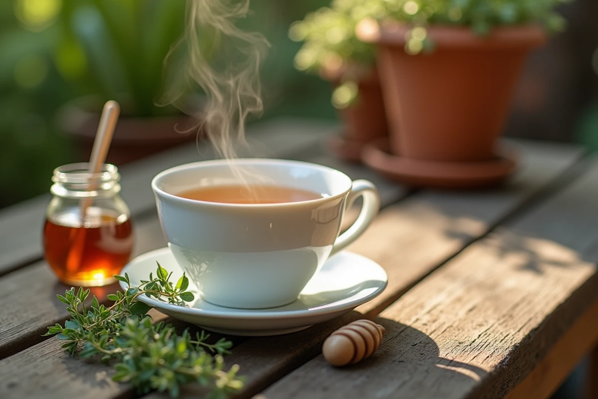 Tasse de tisane de thym fumante avec des brins de thym frais et du miel sur une table en bois de jardin