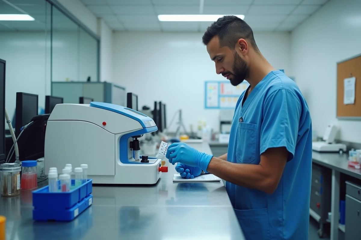 Jeune technicien en blouse bleue près d