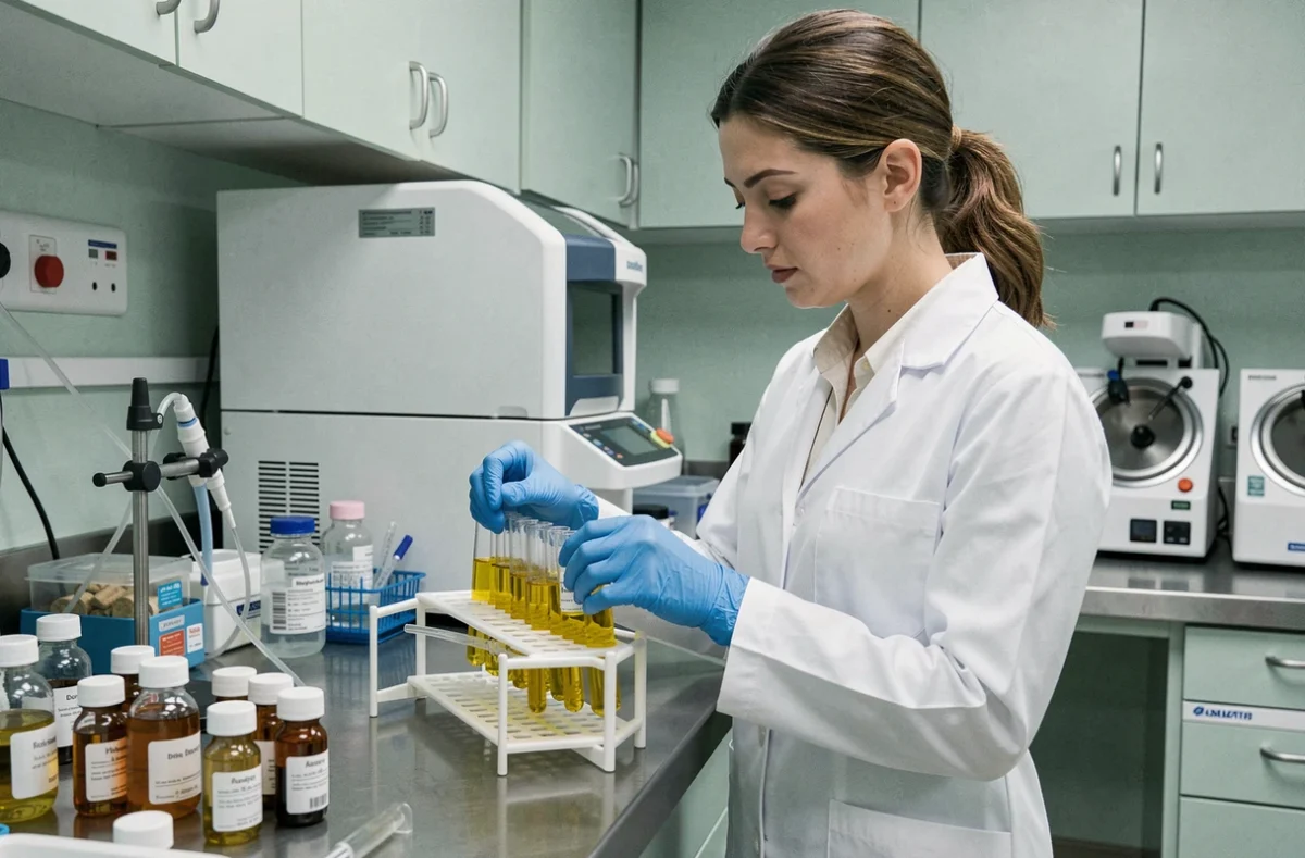 Technicienne de laboratoire manipulant des échantillons de sérum pour l'analyse de la bilirubine conjuguée dans un laboratoire de biochimie clinique