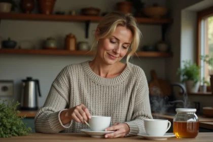 Femme moyenne âge versant thé au thym dans une tasse chaleureuse