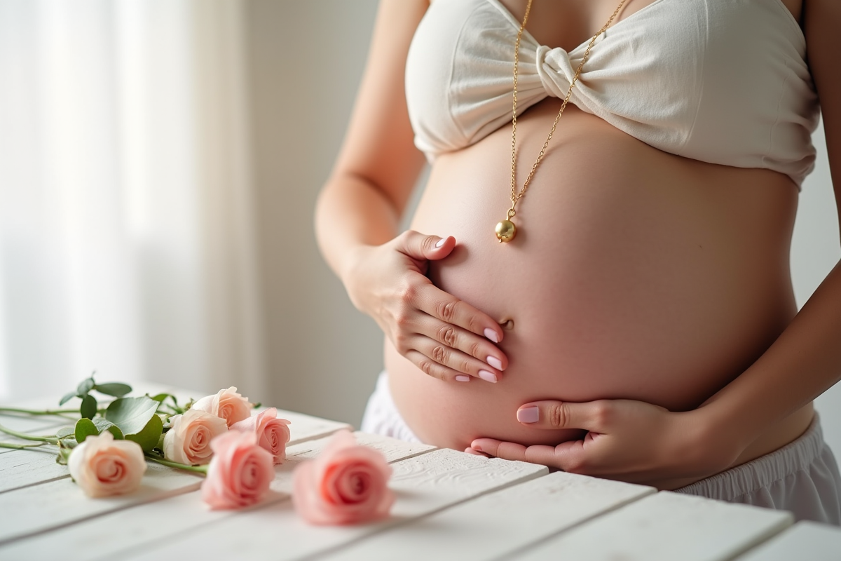 Mains posant un collier bola de grossesse sur le ventre entouré de fleurs